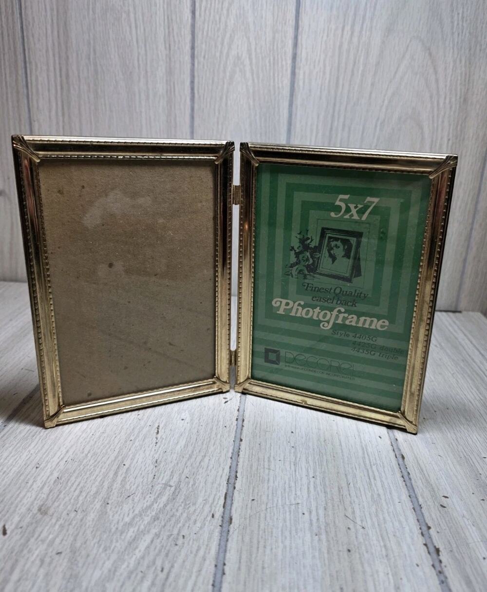 Vintage Bi-fold Gold Picture Frame Embossed Metal Double Hinge Photo 5x7